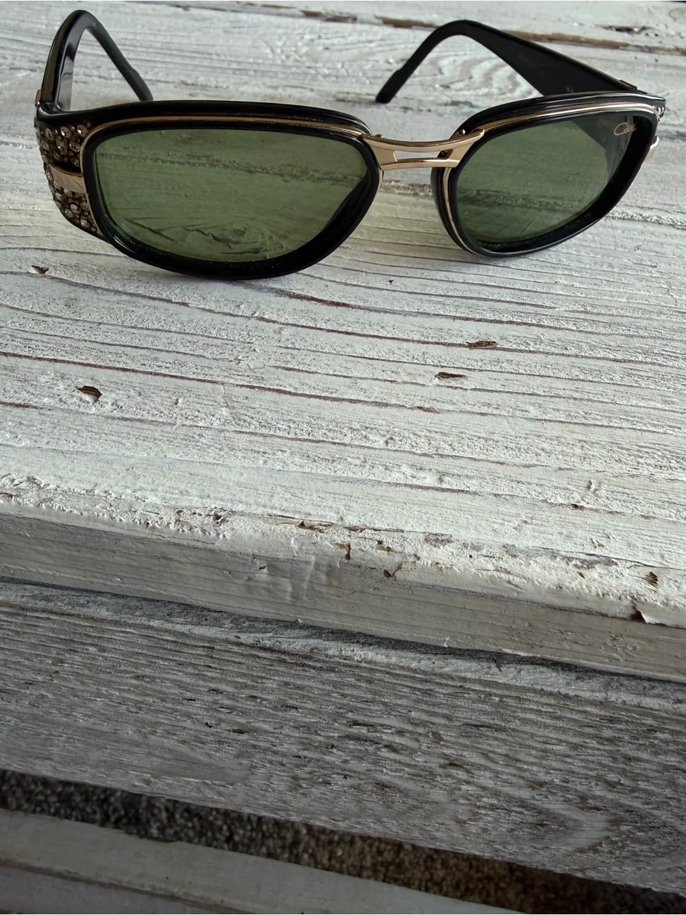 Cazal Black Frame Sunglasses with Green Lenses and Crystal Accents